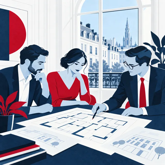 Illustration d’un échange entre un gestionnaire et des copropriétaires autour d’un plan.