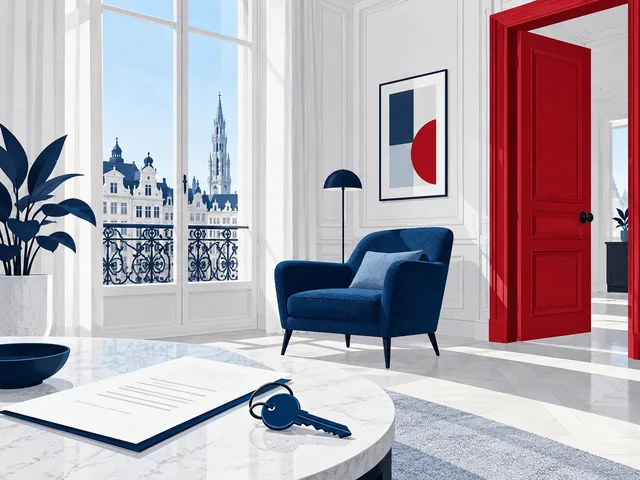 Illustration d’un appartement bruxellois lumineux, avec une porte rouge et un fauteuil bleu marine.